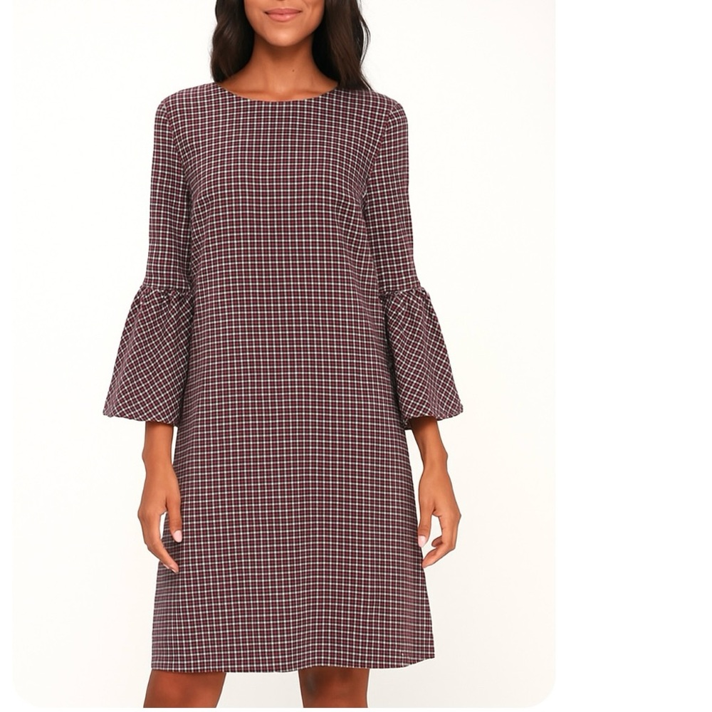 Calvin Klein Red Plaid‎ Check 3/4 Bell Sleeve Stretch Sheath Dress Size 8